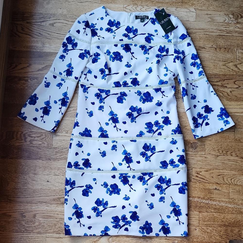 (6) NWT Ralph Lauren White & Blue Floral Long Sleeve Dress New Feminine Classic